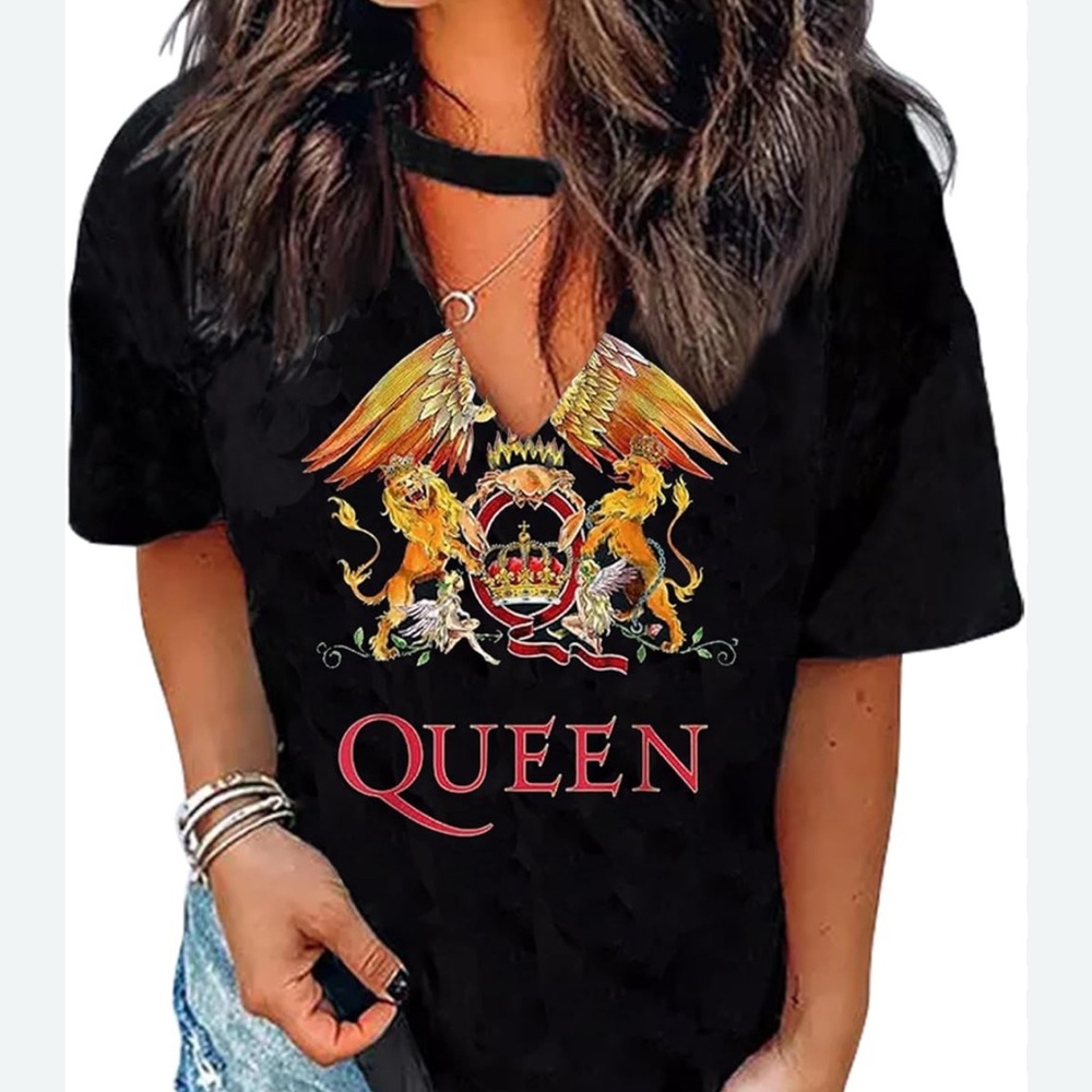 Queen Black Graphic Tee - Short Sleeve V Neck Lion Crest Angel Wings Medium